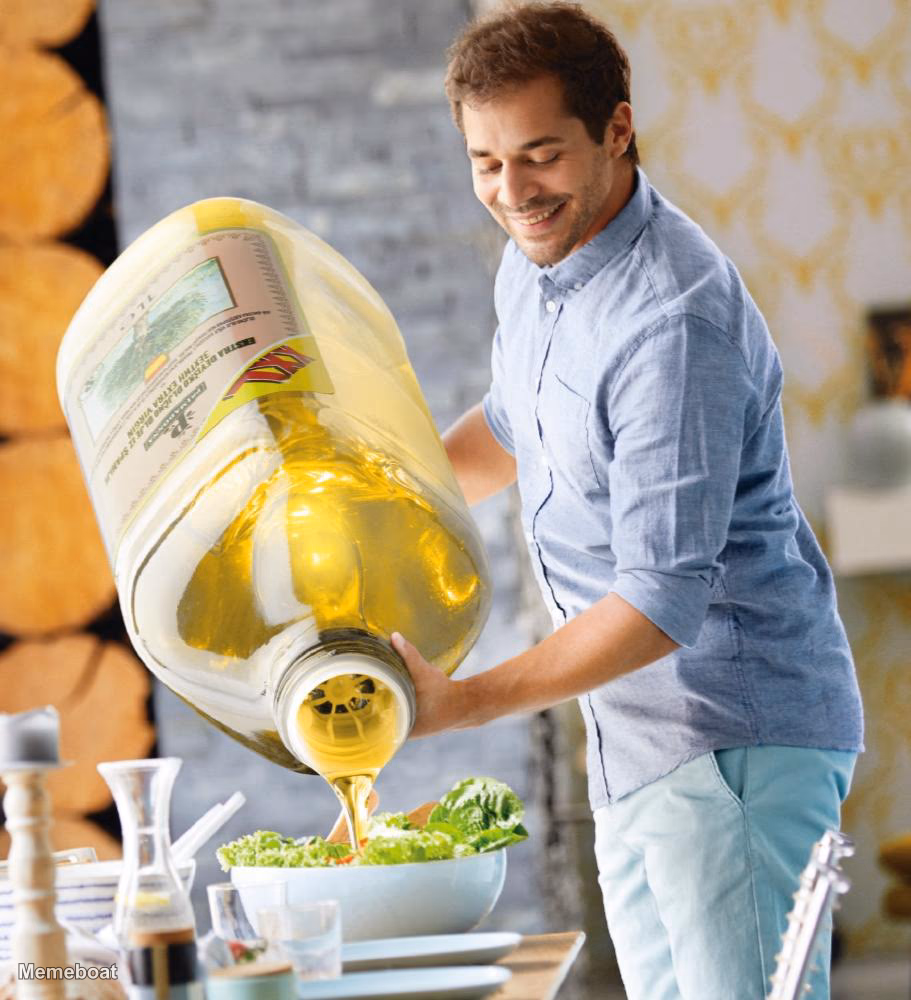 Guy pouring olive oil on the salad - meme generator image preview