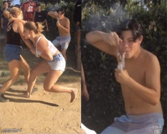 Guy smoking while two people fight - meme generator image preview