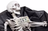 happy skeleton with money