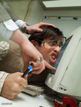 head pressed on monitor