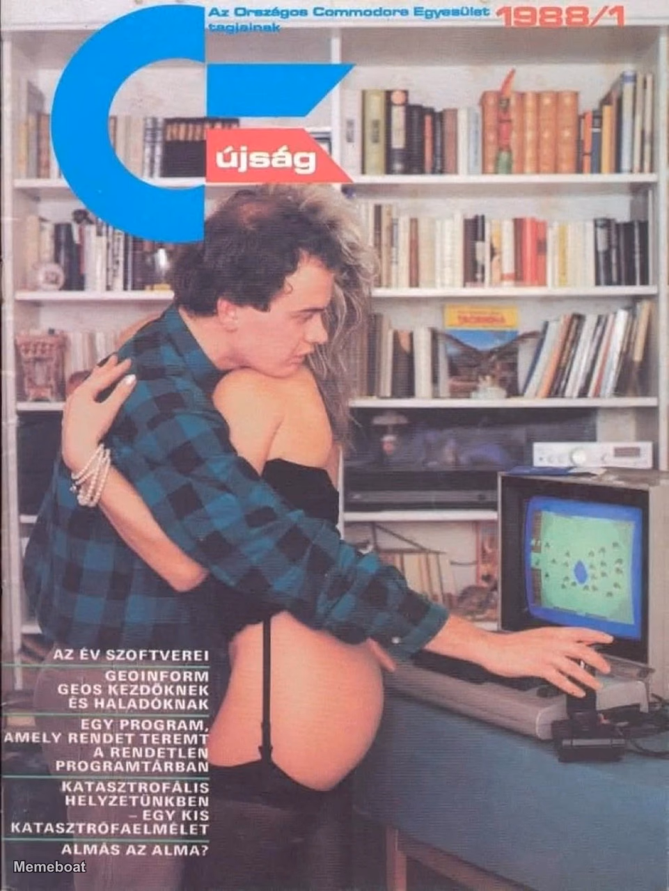 Hungarian “Commodore” magazine cover / Man Hugging Woman while on computer - meme generator image preview