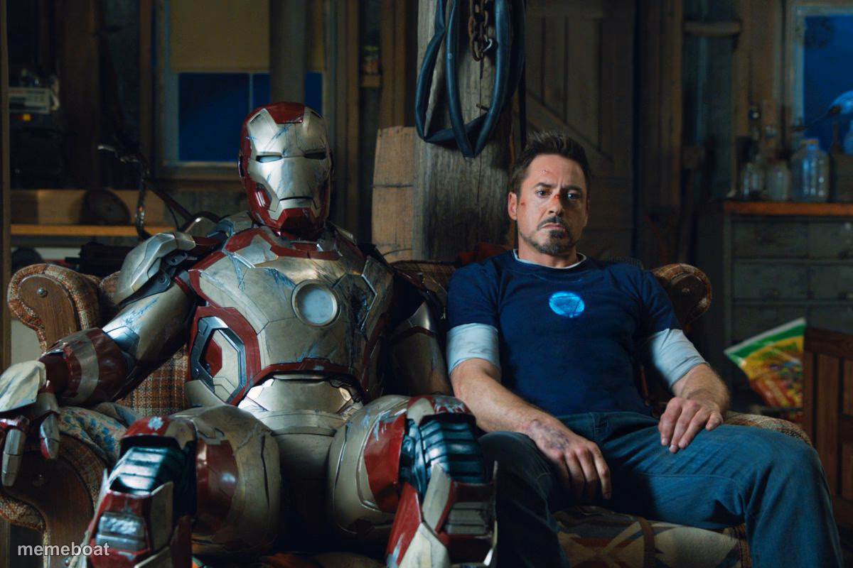 Iron Man 3 Tony Stark sitting next to Mark 42 suit - meme generator image preview
