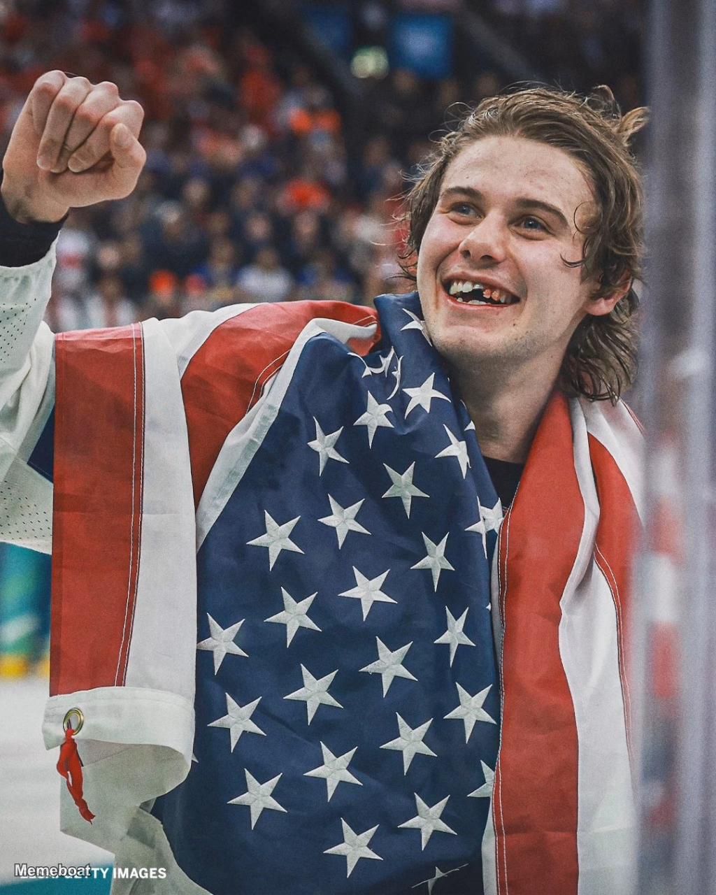 Jack Hughes Missing Two Front Teeth Celebration USA Hockey Gold - meme generator image preview