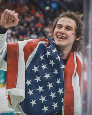 Jack Hughes Missing Two Front Teeth Celebration USA Hockey Gold