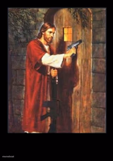 Jesus knocking with gun