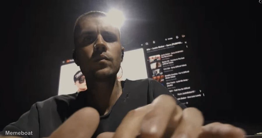 Justin Bieber Locked in on His Laptop at Coachella - meme generator image preview