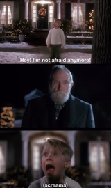 Kevin from Home Alone being scared the shit by old man marley