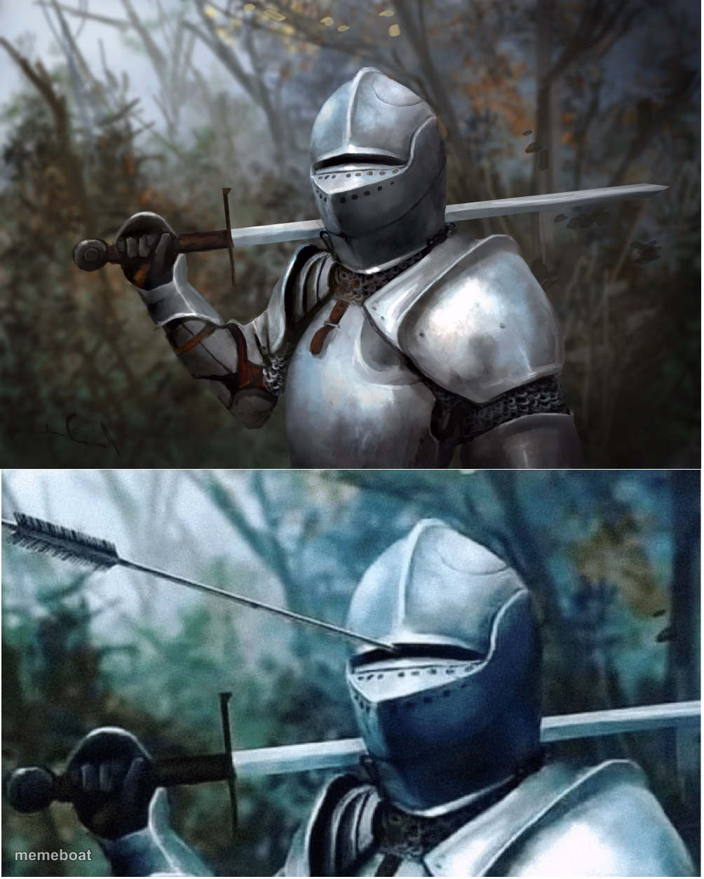 Knight with arrow in helmet - meme generator image preview