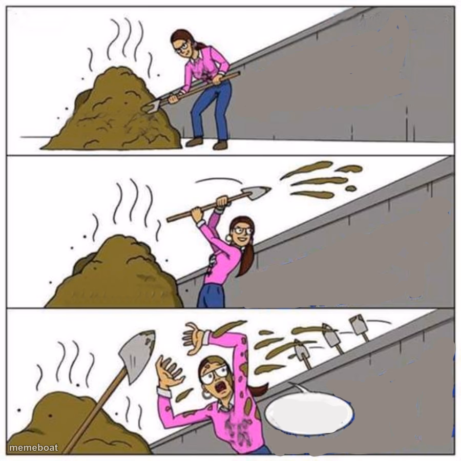 Lady shoveling poop over wall - meme generator image preview