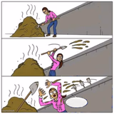 Lady shoveling poop over wall