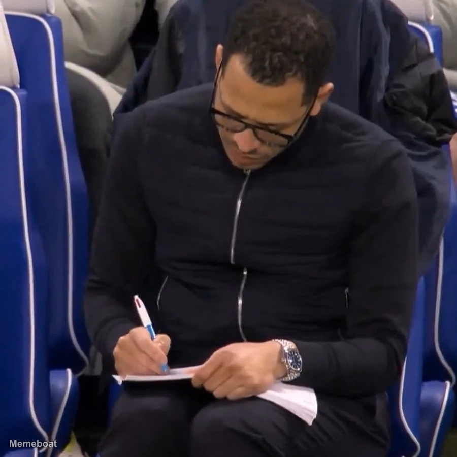 Liam Rosenior taking notes on the sideline during a match - meme generator image preview