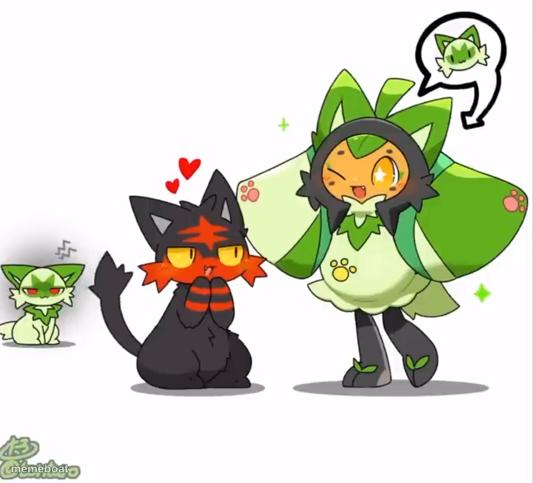 Litten love "Sprigatito", while the real Sprigatito behind him - meme generator image preview