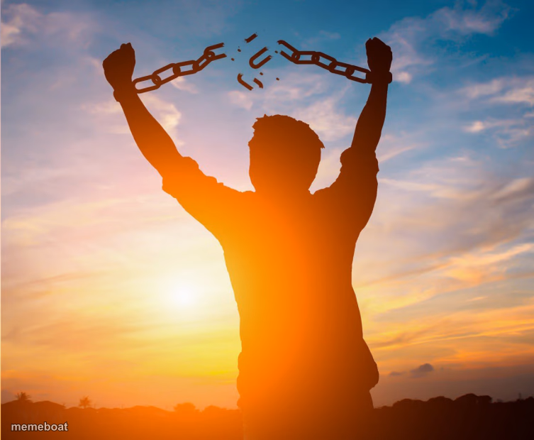 Man breaking free from chains over the sunset - meme generator image preview