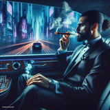 man in an expensive suit riding in the back of a limo whilst smo