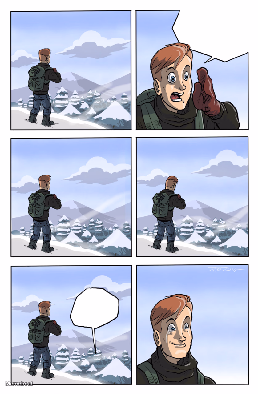 Man Looking Out Over Snowy Mountains - meme generator image preview
