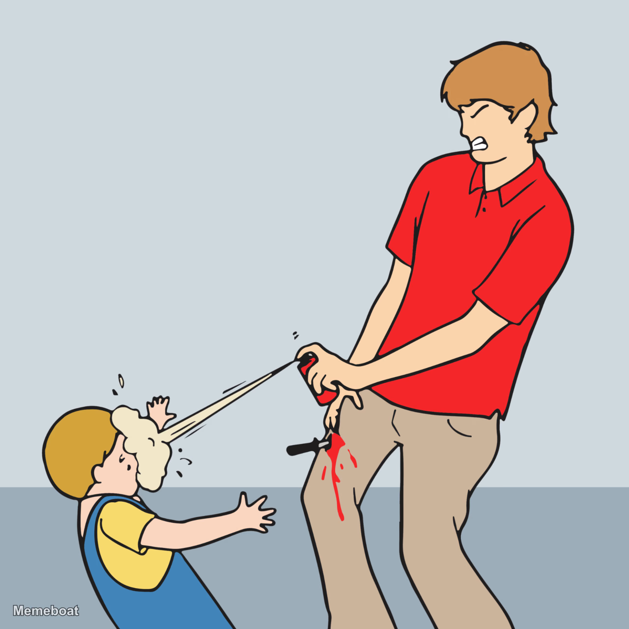 Man Pepper Sprays Kid, Knife in Leg - meme generator image preview