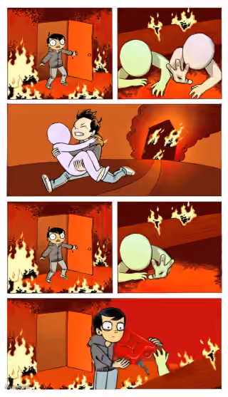 Man Saving Someone from Fire Then Adding Fuel
