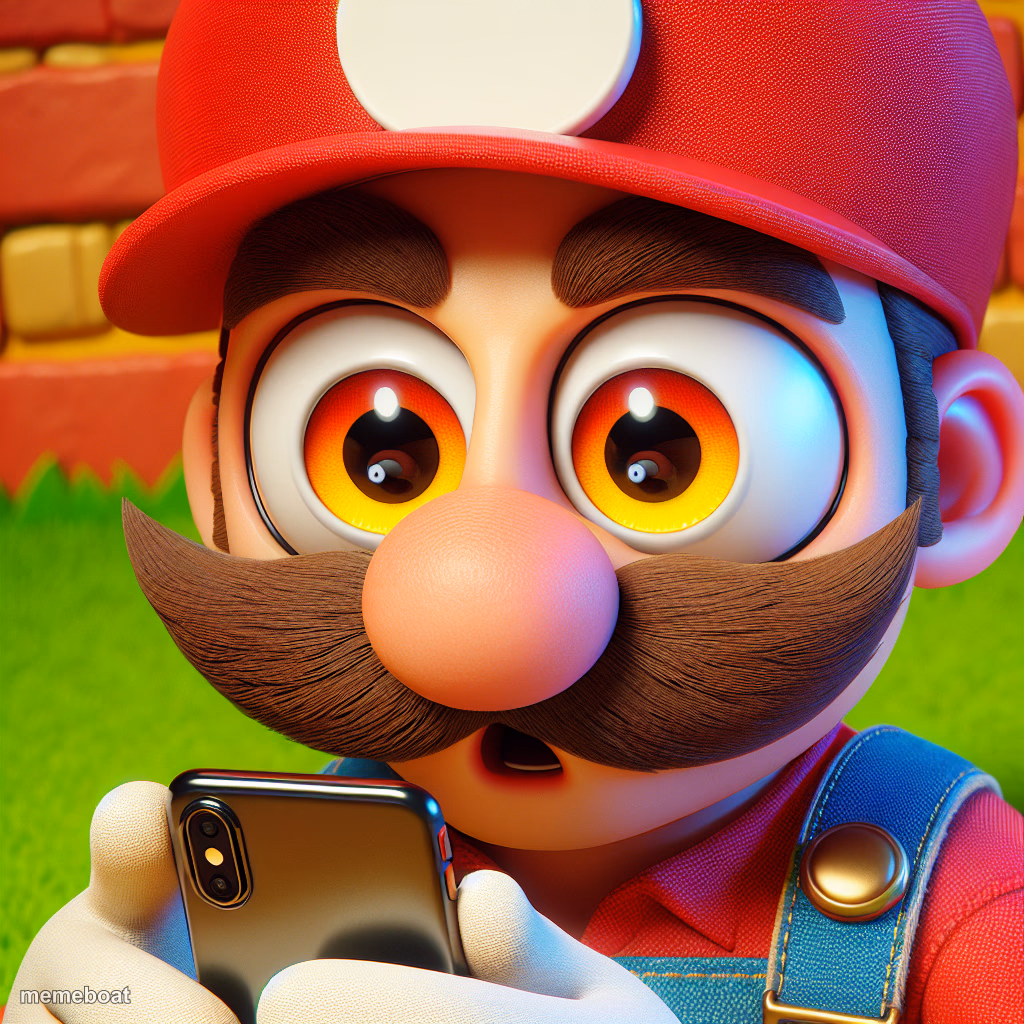 Mario Bulging eyes looking at phone - meme generator image preview