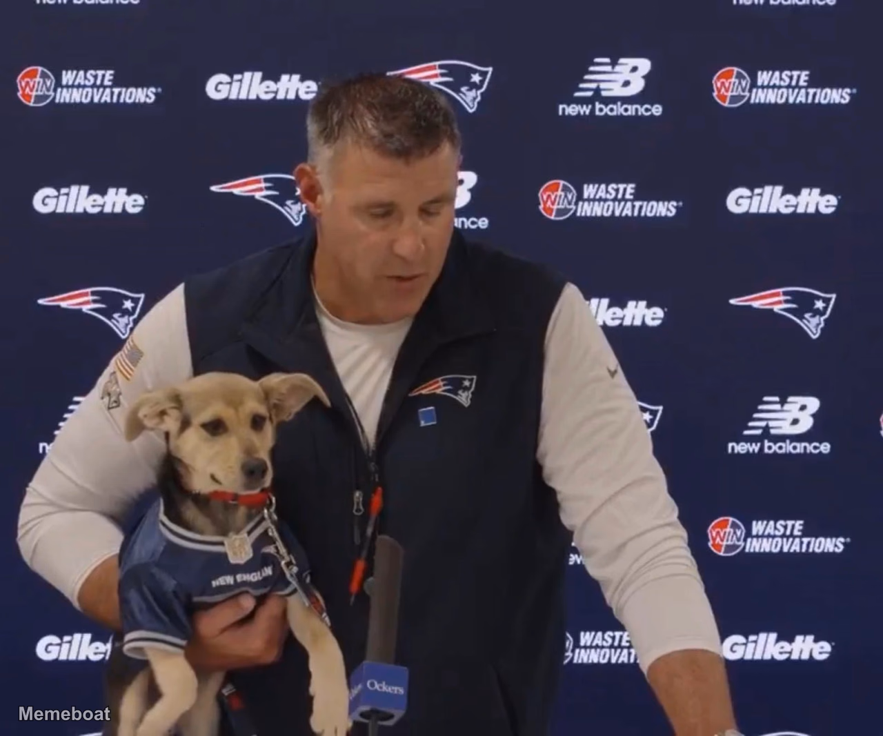 Mike Vrabel with a Pet at a Press Conference - meme generator image preview