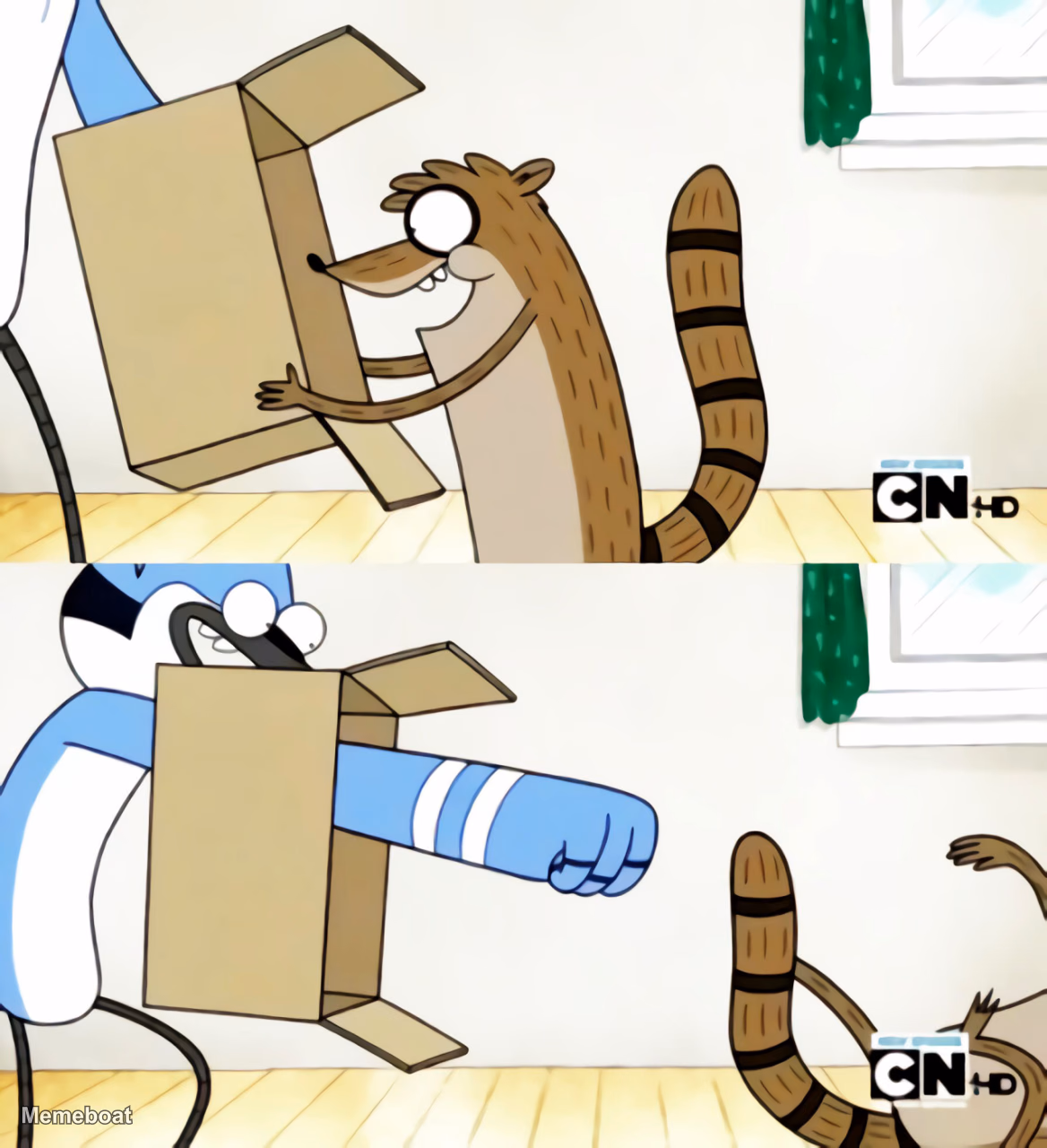 Mordecai Punches Rigby Through a Box - meme generator image preview