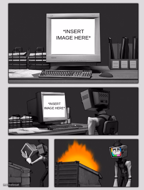 Mr. Puzzles Throwing A Computer into a garbage bin - meme generator image preview