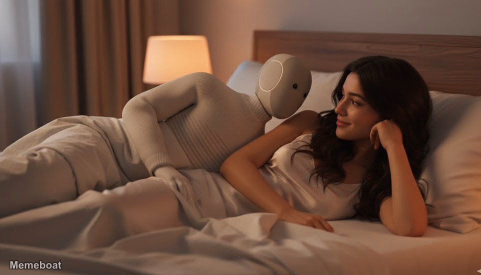 Neo Beta Humanoid Robot Cuddling with a Woman - meme generator image preview
