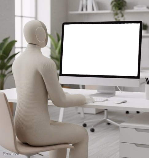 Neo Robot Looking at Laptop - meme generator image preview
