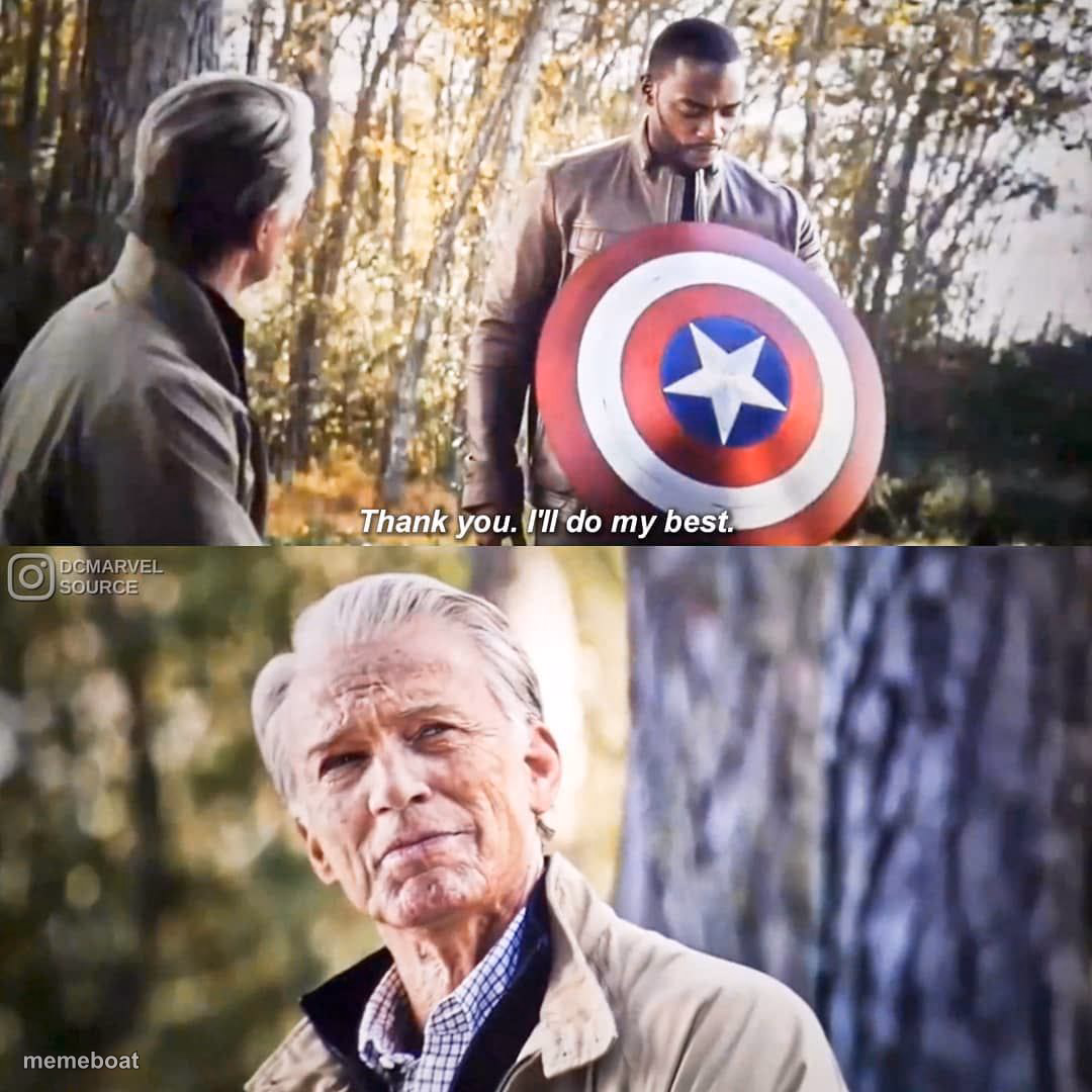 Old Captain America gives shield to falcon - meme generator image preview