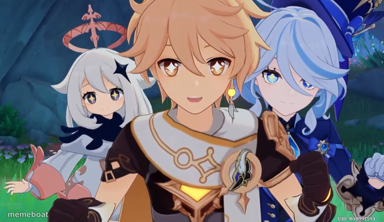 Paimon, Aether and Furina sparkling eyes - meme generator image preview