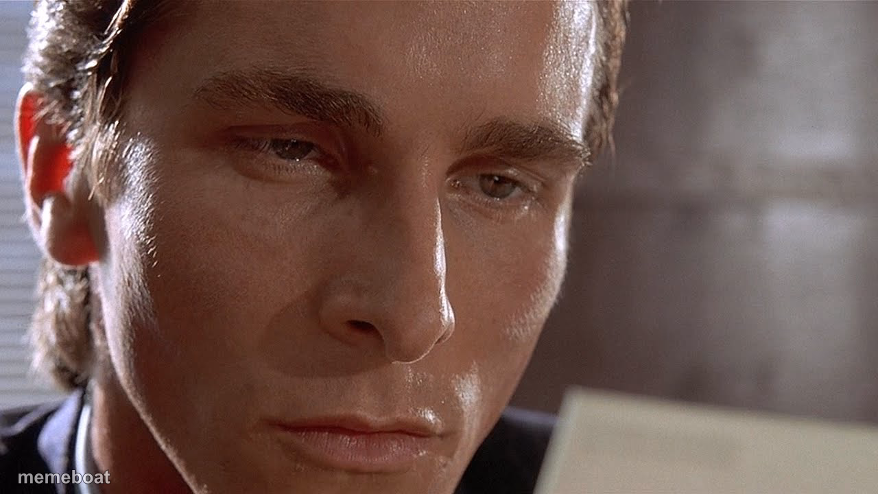 Patrick Bateman staring at card - meme generator image preview