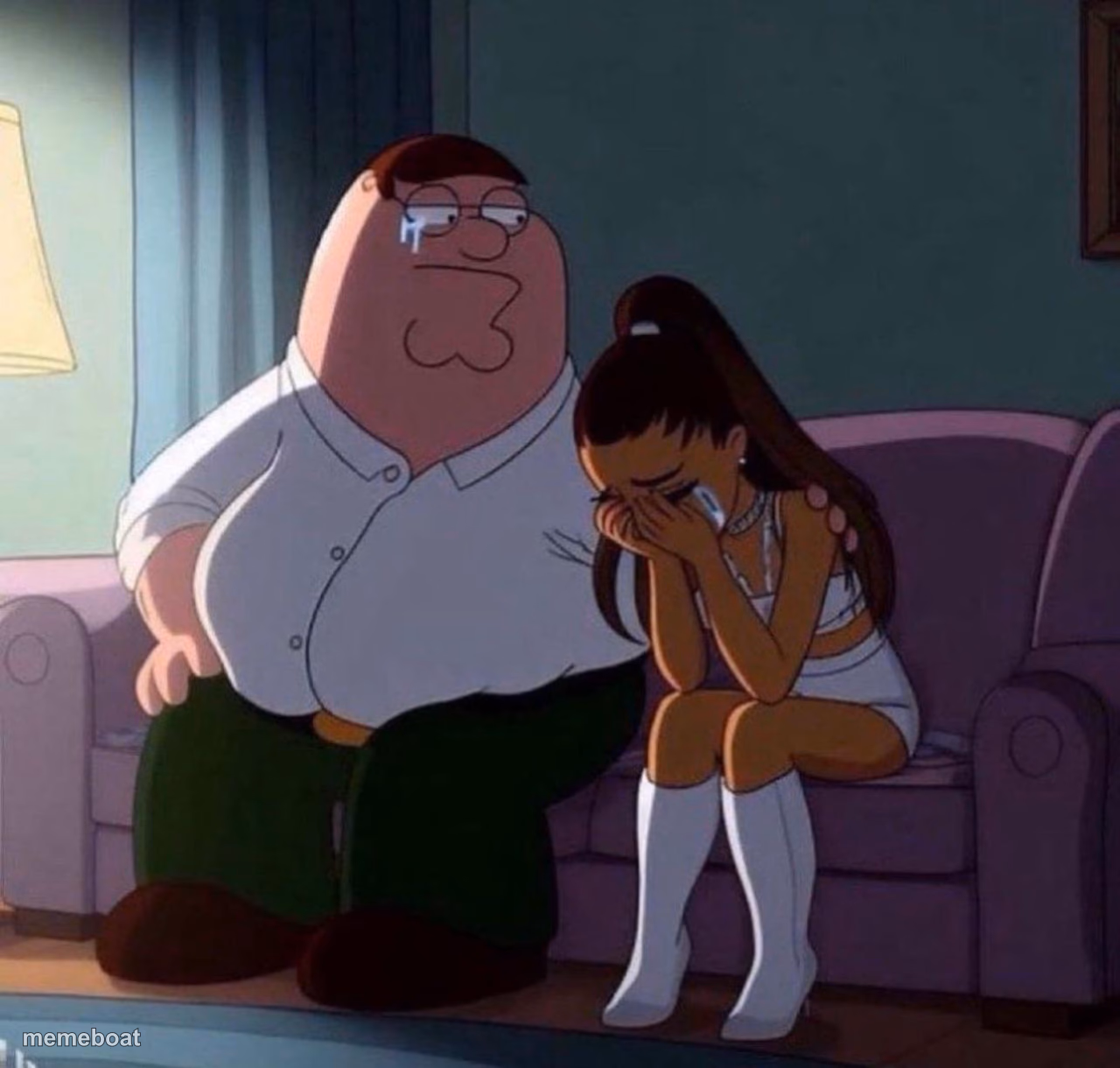 Peter Griffin Comforting Ariana Grande Crying On Couch meme - meme generator image preview