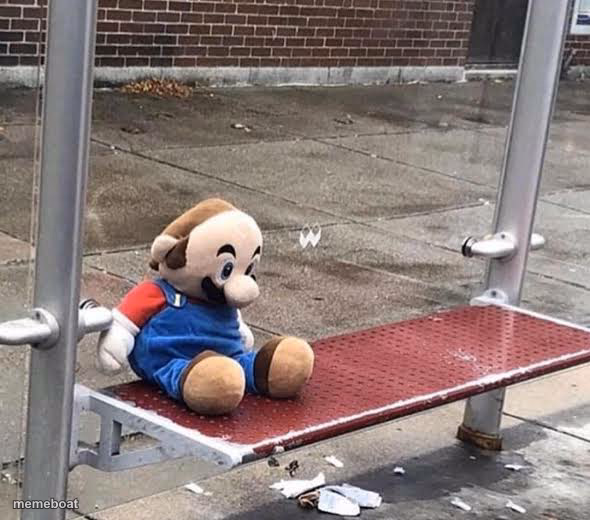 Plush Mario on bus stop - meme generator image preview
