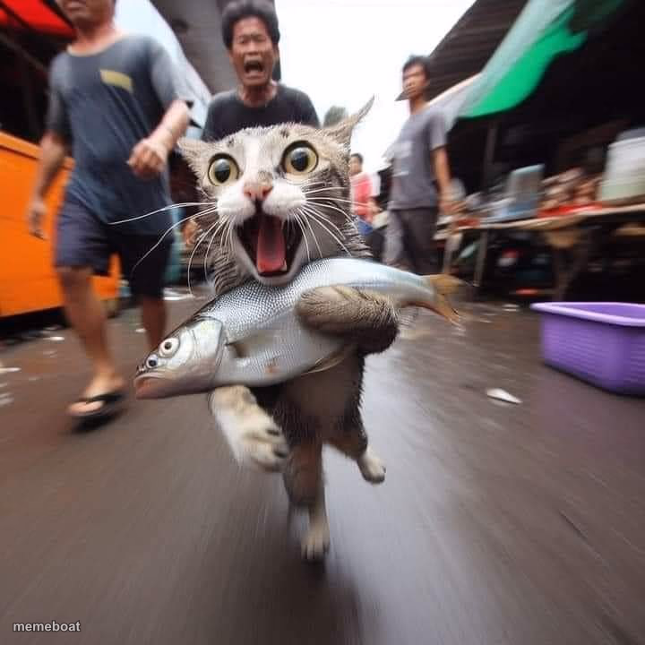 runaway cat with fish - meme generator image preview
