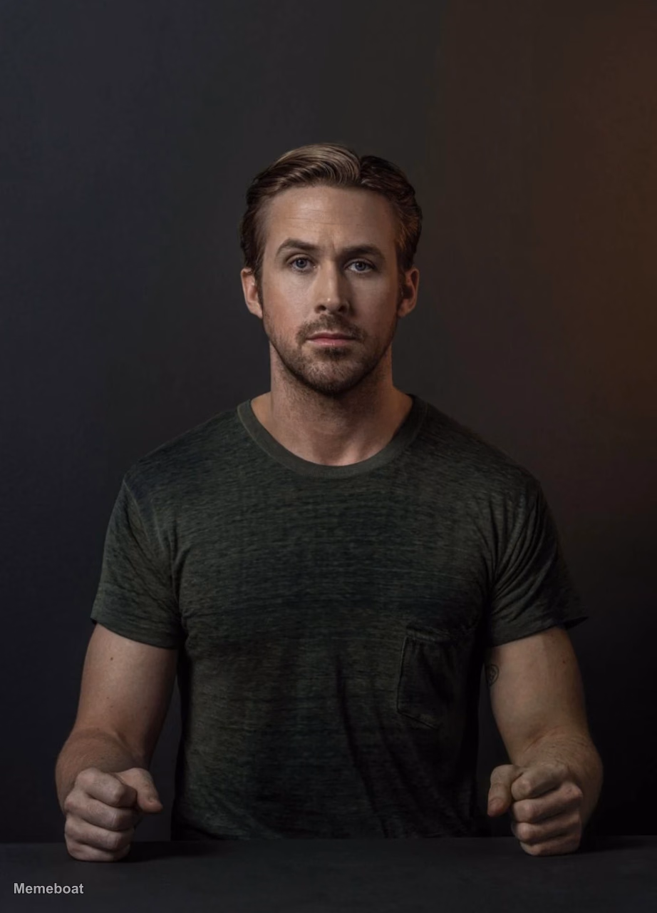 Ryan Gosling With Clenched Fists at Table - meme generator image preview