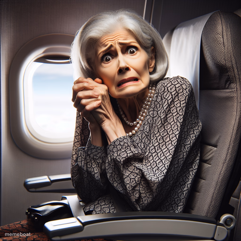 Scared little old lady sitting in airplane seat. - meme generator image preview
