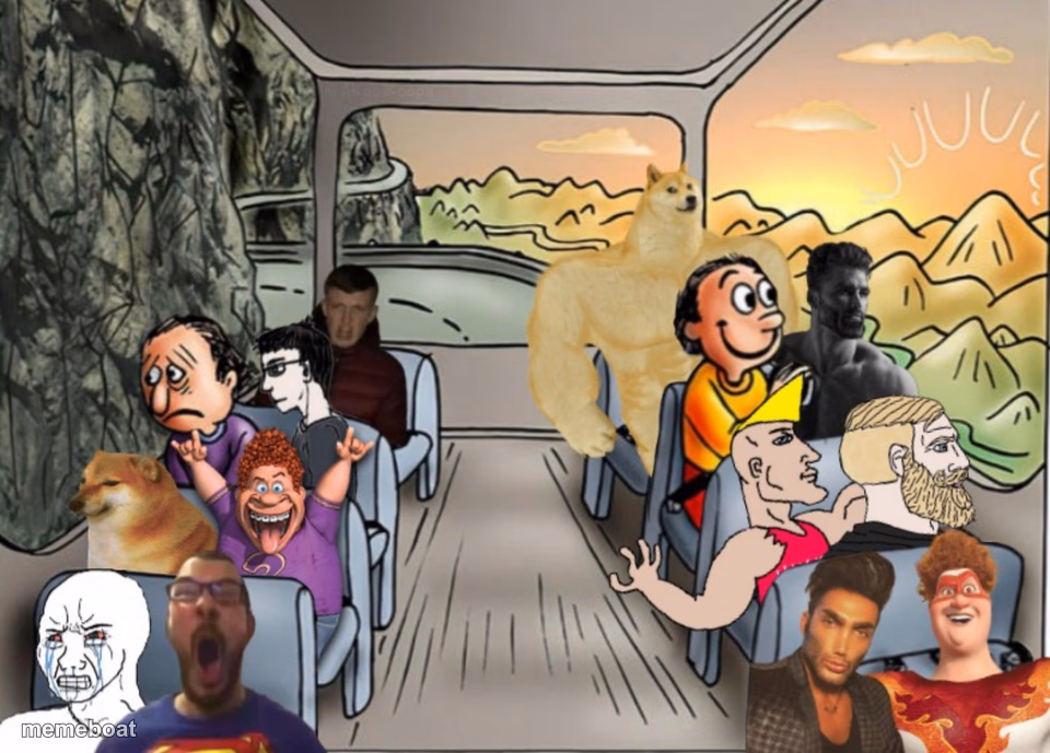 Several happy guys on bus vs. several sad guys on bus - meme generator image preview