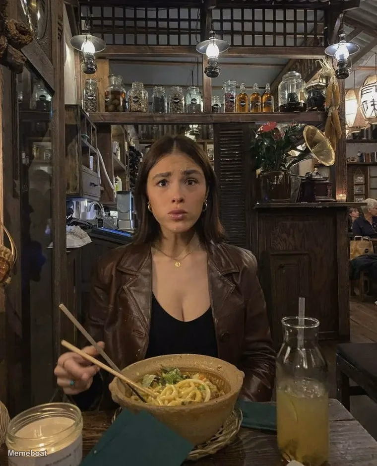 Shocked Woman Eating Noodles - meme generator image preview