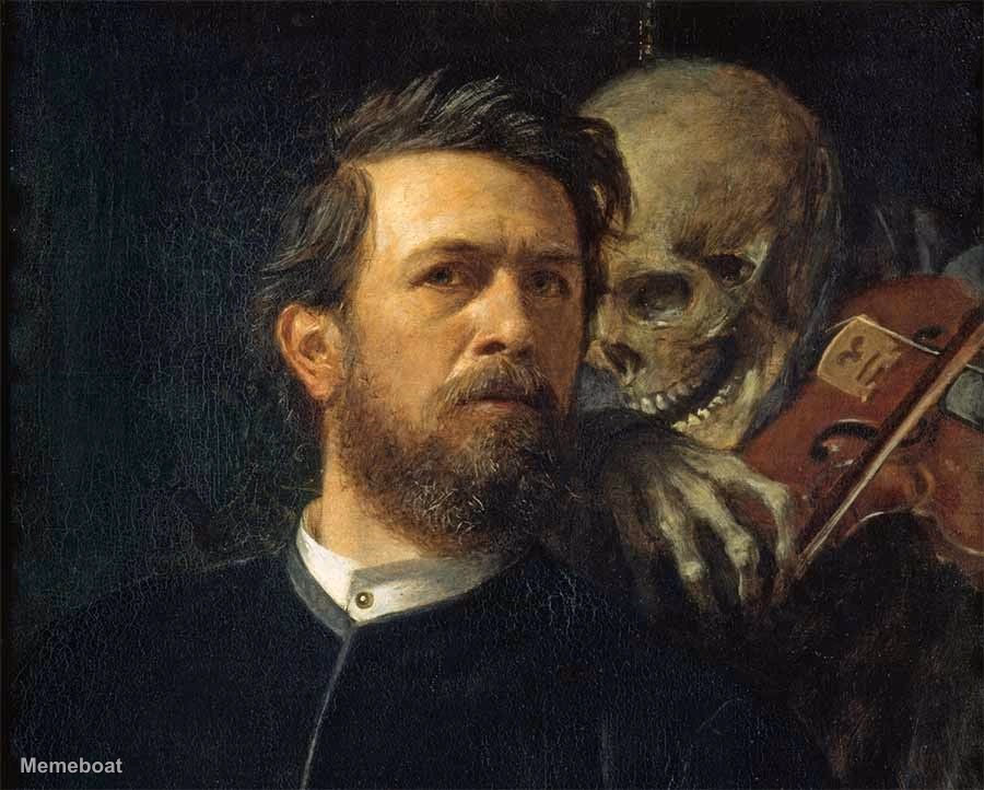 Skeleton whispering in man's ear - meme generator image preview