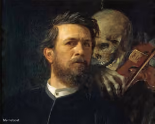 Skeleton whispering in man's ear