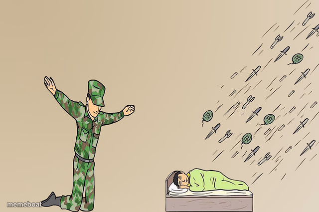 Soldier failing to protect sleeping child - meme generator image preview