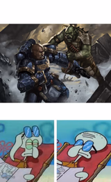 Space marine fighting a Ork while Squidward doesn't care
