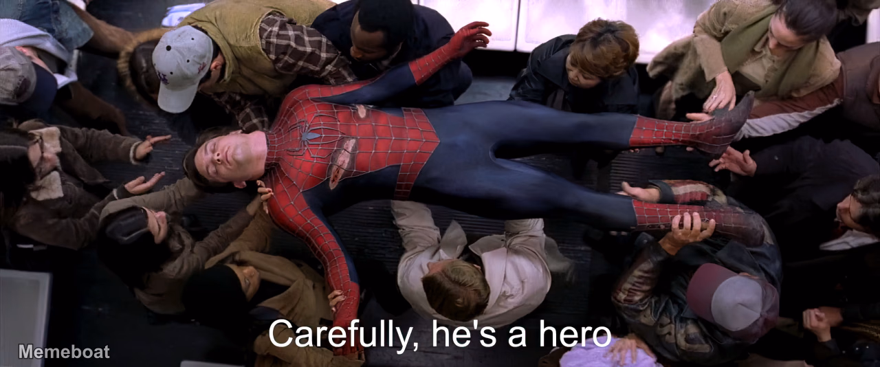 Spider-Man 2 "Carefully, He's a Hero" - meme generator image preview