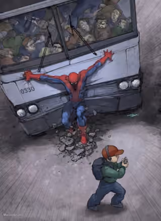 SPIDERMAN holding train