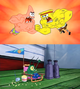 SpongeBob and Patrick fighting with Plankton cheering them