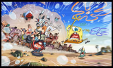 SpongeBob and Plankton running from an angry mob