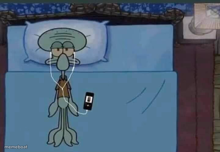SpongeBob Squidward listening to music in bed - meme generator image preview