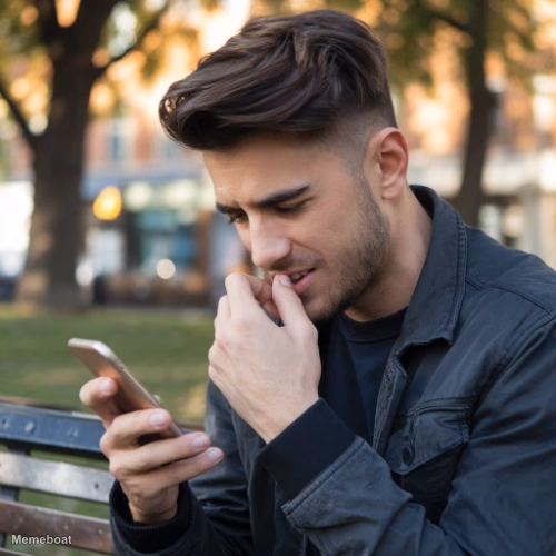 Stressed Guy Biting Nails Looking at Phone - meme generator image preview