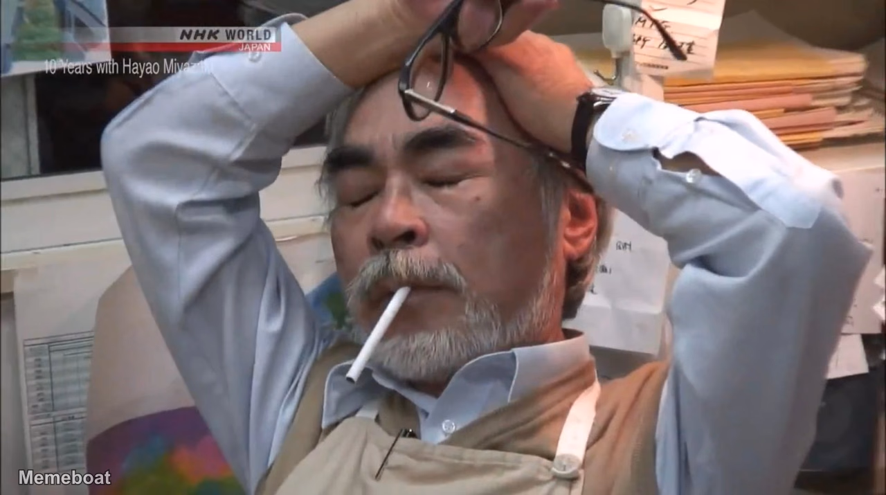 Stressed Hayao Miyazaki - Tired Exhausted Old Man With Cigarette - meme generator image preview