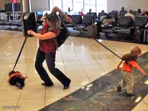 Struggling mom with two kids on leashes - meme generator image preview