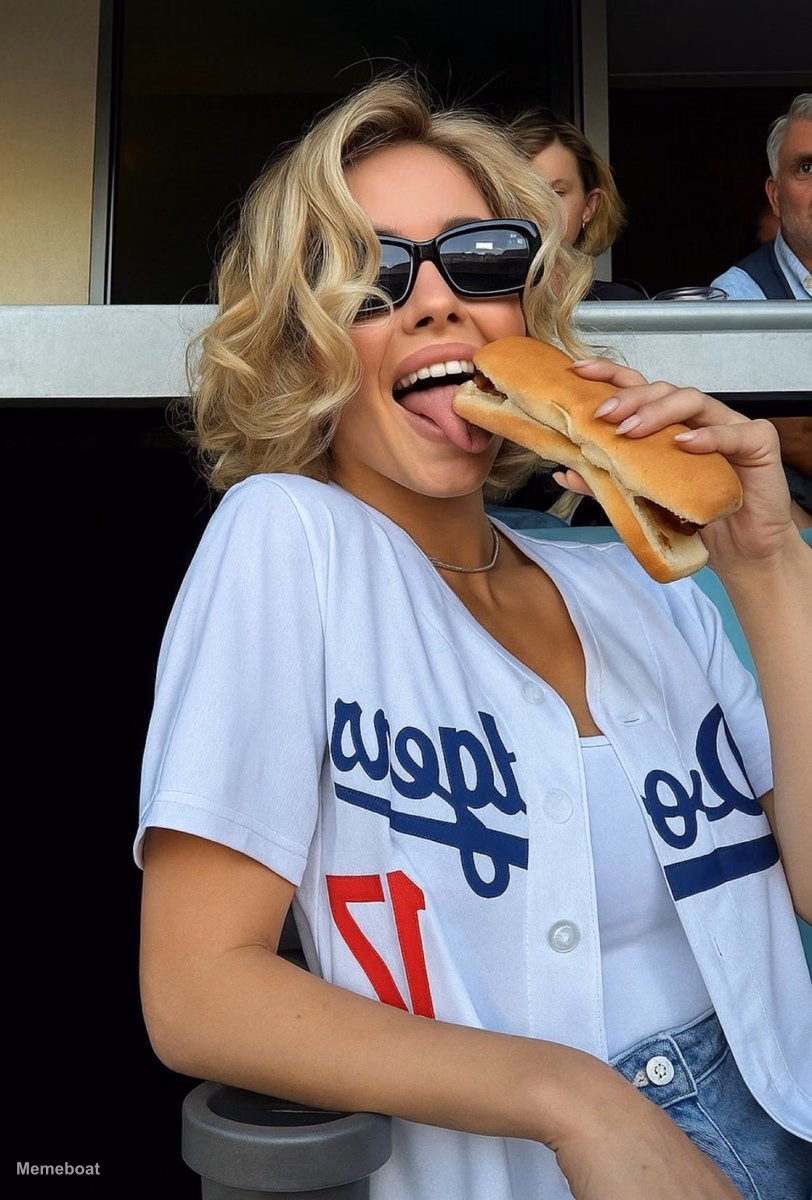 Sydney Sweeney Eating a Hotdog at Dodgers Game - meme generator image preview